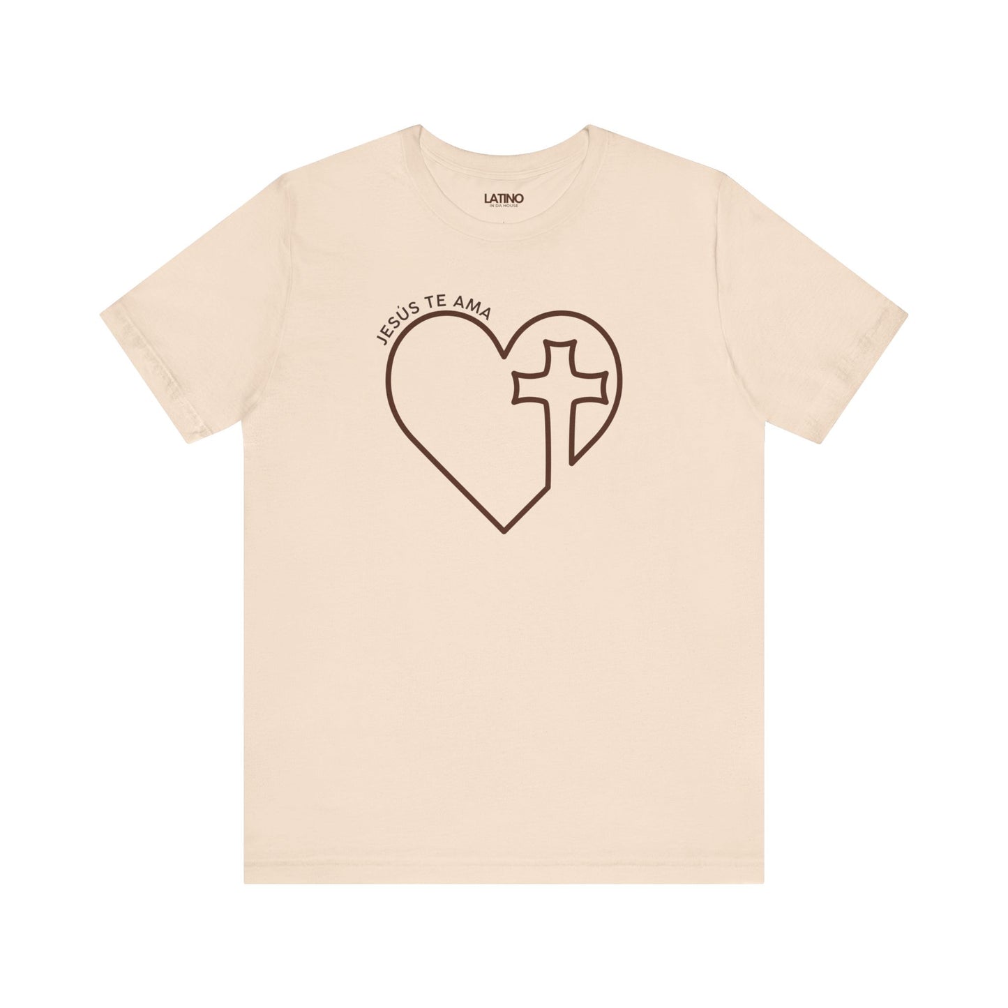 Jesus Te AMA heart cross soft cream t-shirt. Latino In Da House