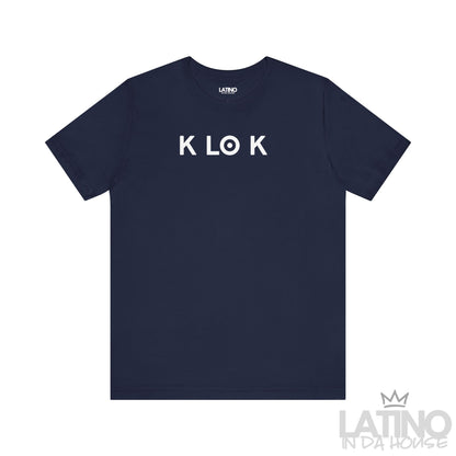 K LO K t-shirt in navy with minimalist white lettering. Latino In Da House 