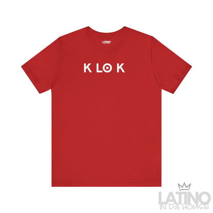 K LO K t-shirt in red with minimalist white lettering. Latino In Da House 