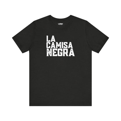 La Camisa Negra Distressed T-Shirt in black heather with bold white lettering - Latino In Da House.