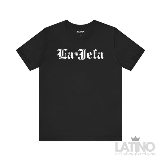 La Jefa T-shirt in black with white gothic text and rose detail Latino In Da House 
