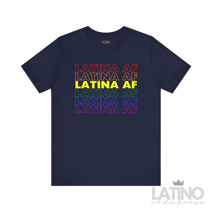 Latina AF Pride T-Shirt in navy with rainbow text design celebrating Latina pride and LGBTQ+ support