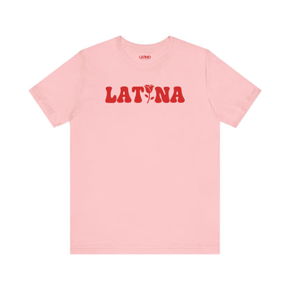 Latina Flor pink with red text t-shirt. Latino In Da House