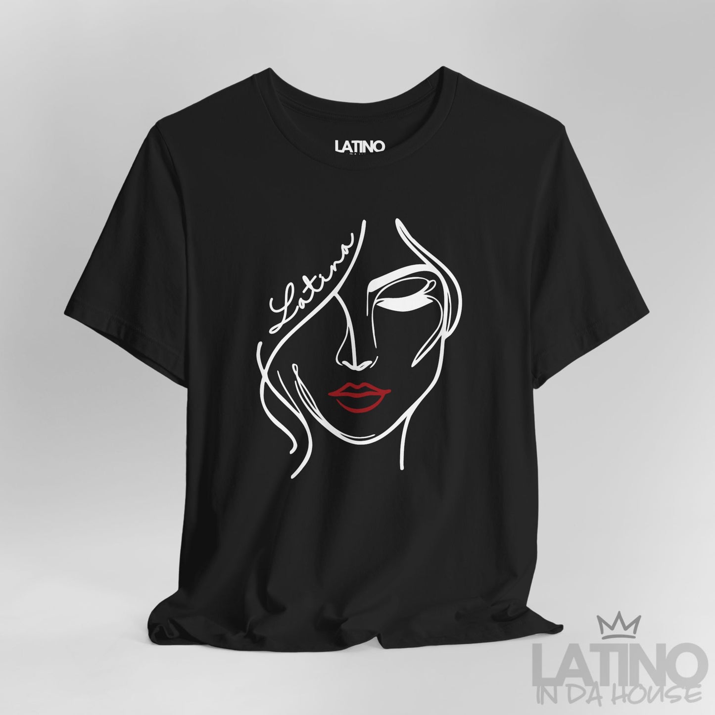 Close-up of “Latina” one-line face artwork on black tee. Latino In Da House 