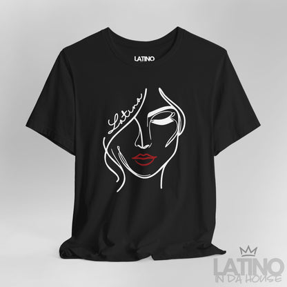 Close-up of “Latina” one-line face artwork on black tee. Latino In Da House 