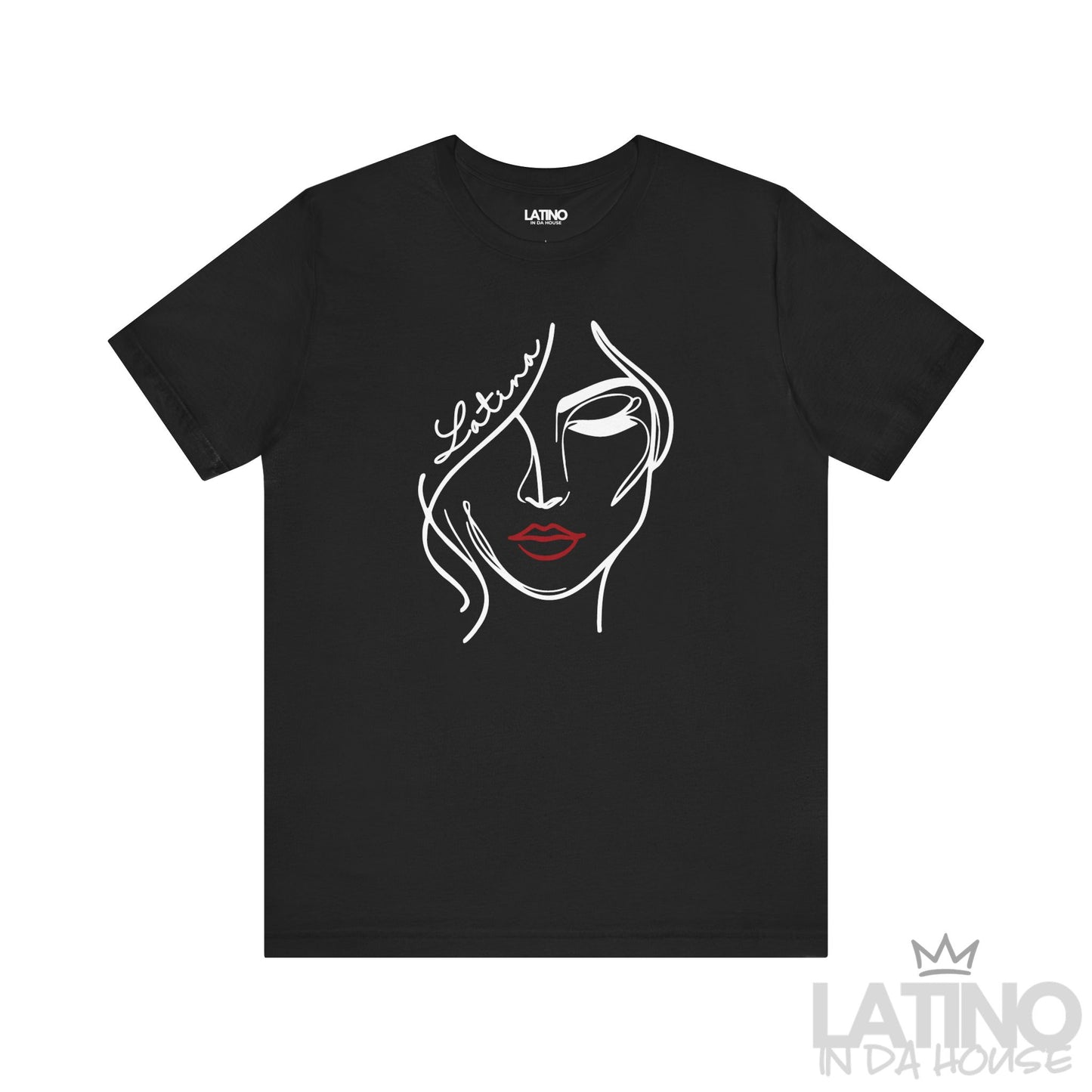 Black “Latina” line art face graphic T-shirt, front view. Latino In Da House 
