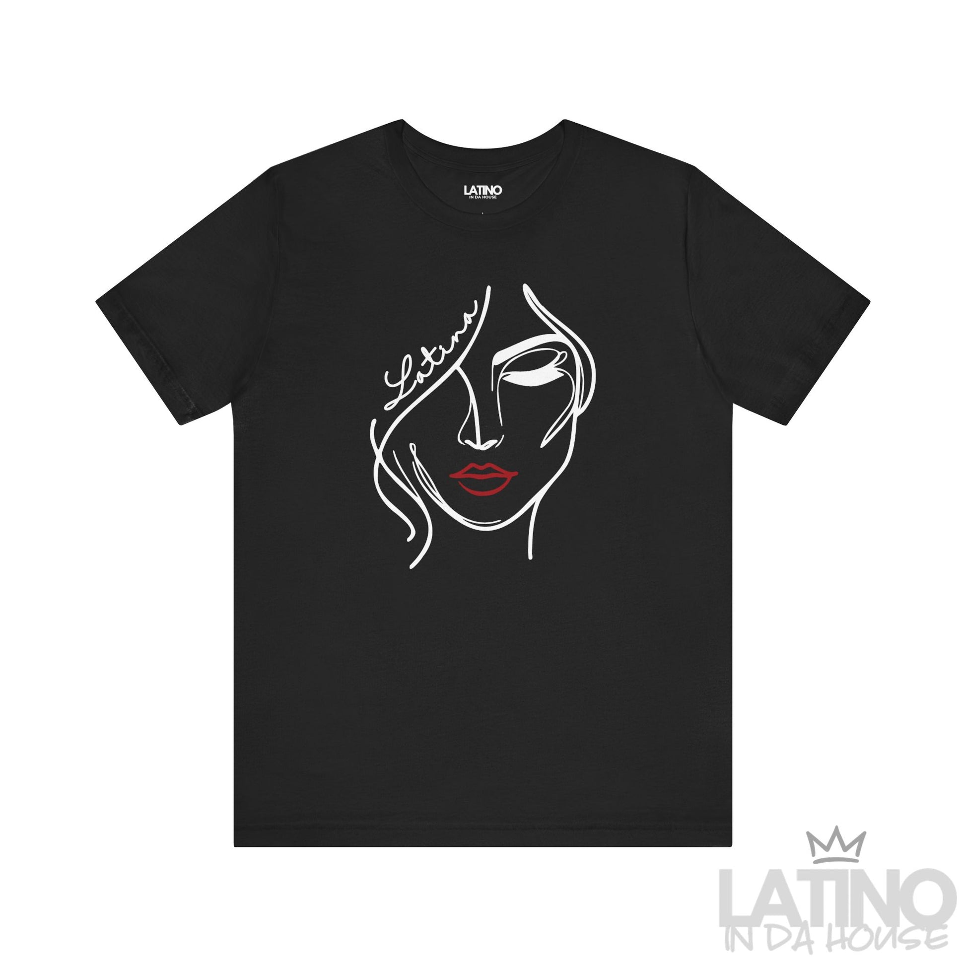Black “Latina” line art face graphic T-shirt, front view. Latino In Da House 