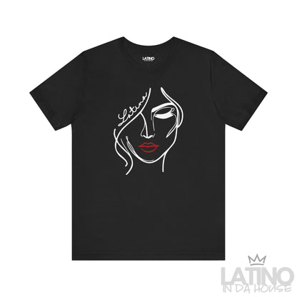 Black “Latina” line art face graphic T-shirt, front view. Latino In Da House 