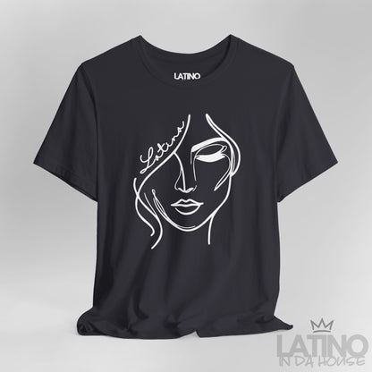 Close-up of “Latina” one-line face artwork on dark grey tee. Latino In Da House 