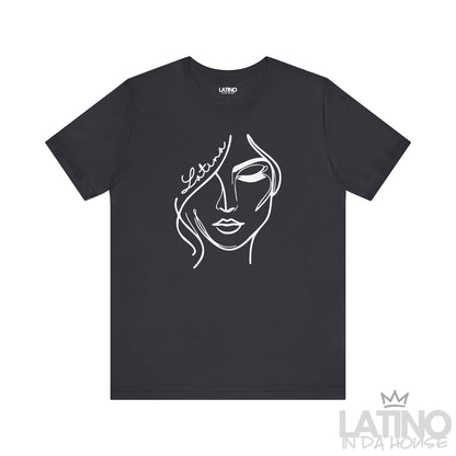 Dark Grey “Latina” line art face graphic T-shirt, front view. Latino In Da House 