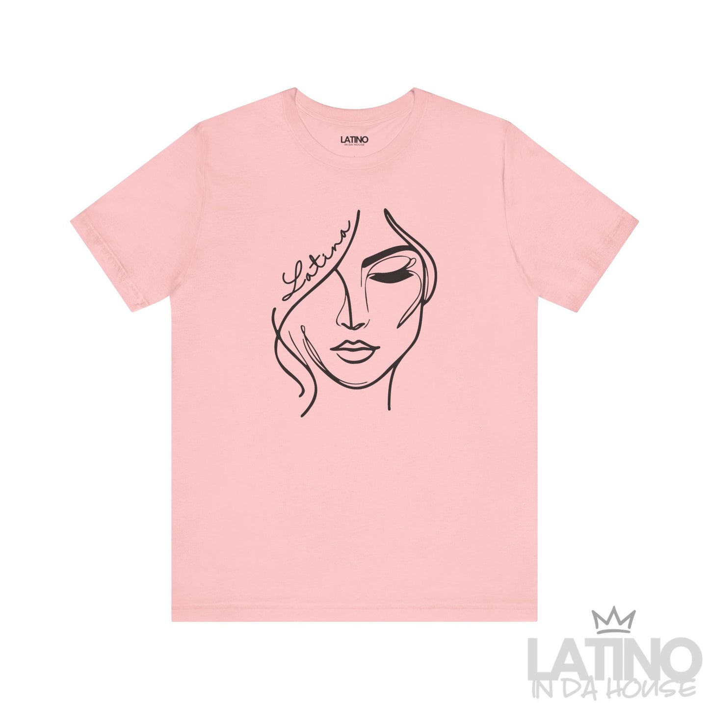 Pink “Latina” line art face graphic T-shirt, front view. Latino In Da House 