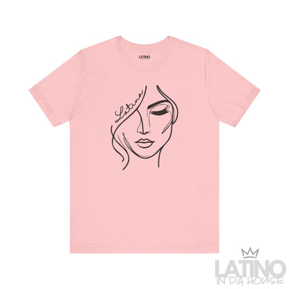 Pink “Latina” line art face graphic T-shirt, front view. Latino In Da House 