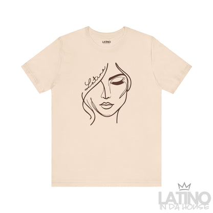 Soft Cream “Latina” line art face graphic T-shirt, front view. Latino In Da House 