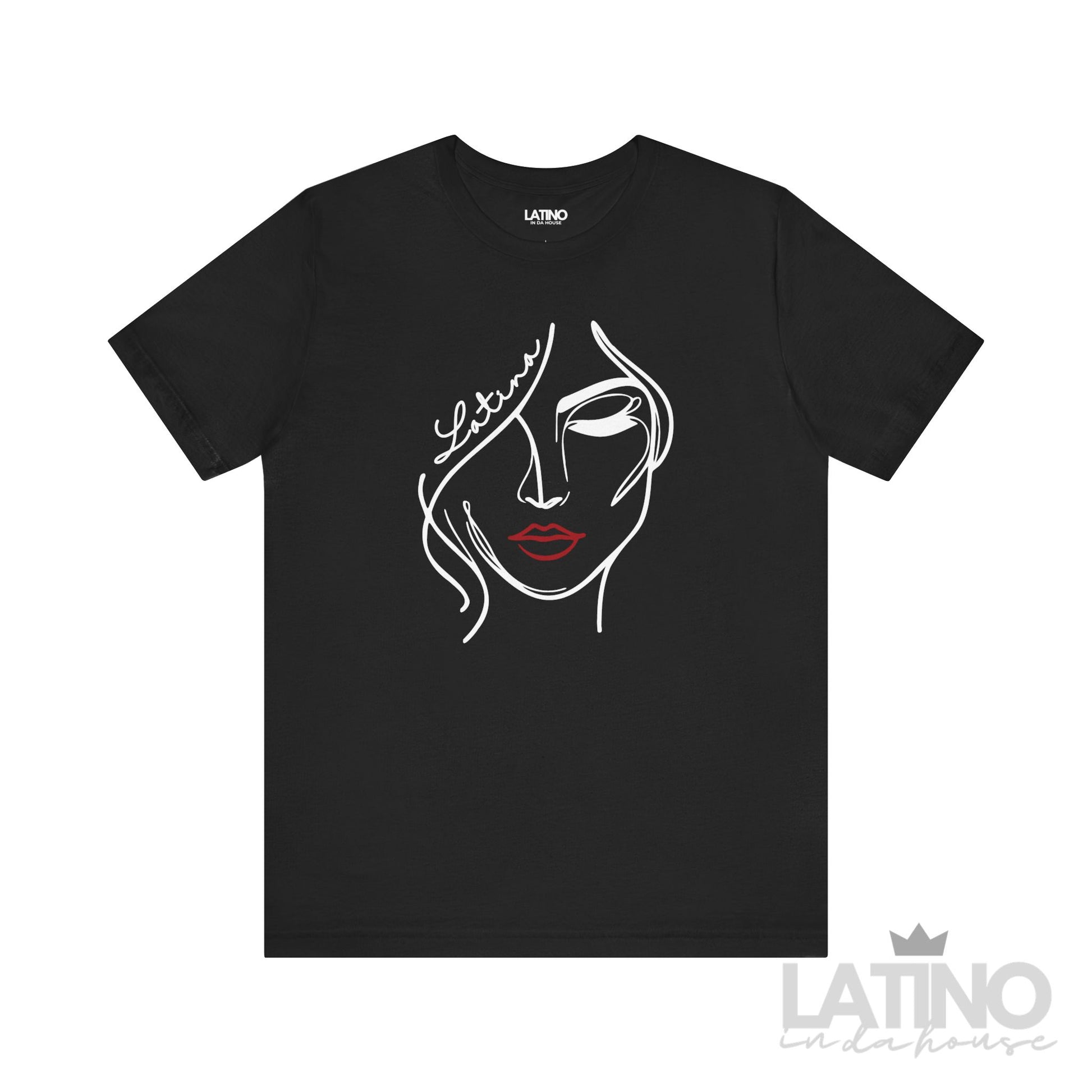 Latina line art face t-shirt in black with white and red accent face design - Latino In Da House 