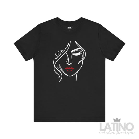 Latina line art face t-shirt in black with white and red accent face design - Latino In Da House 