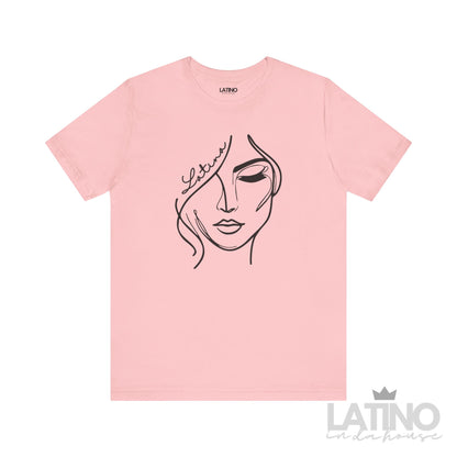 Latina line art face t-shirt in soft pink with minimalist face design - Latino In Da House 