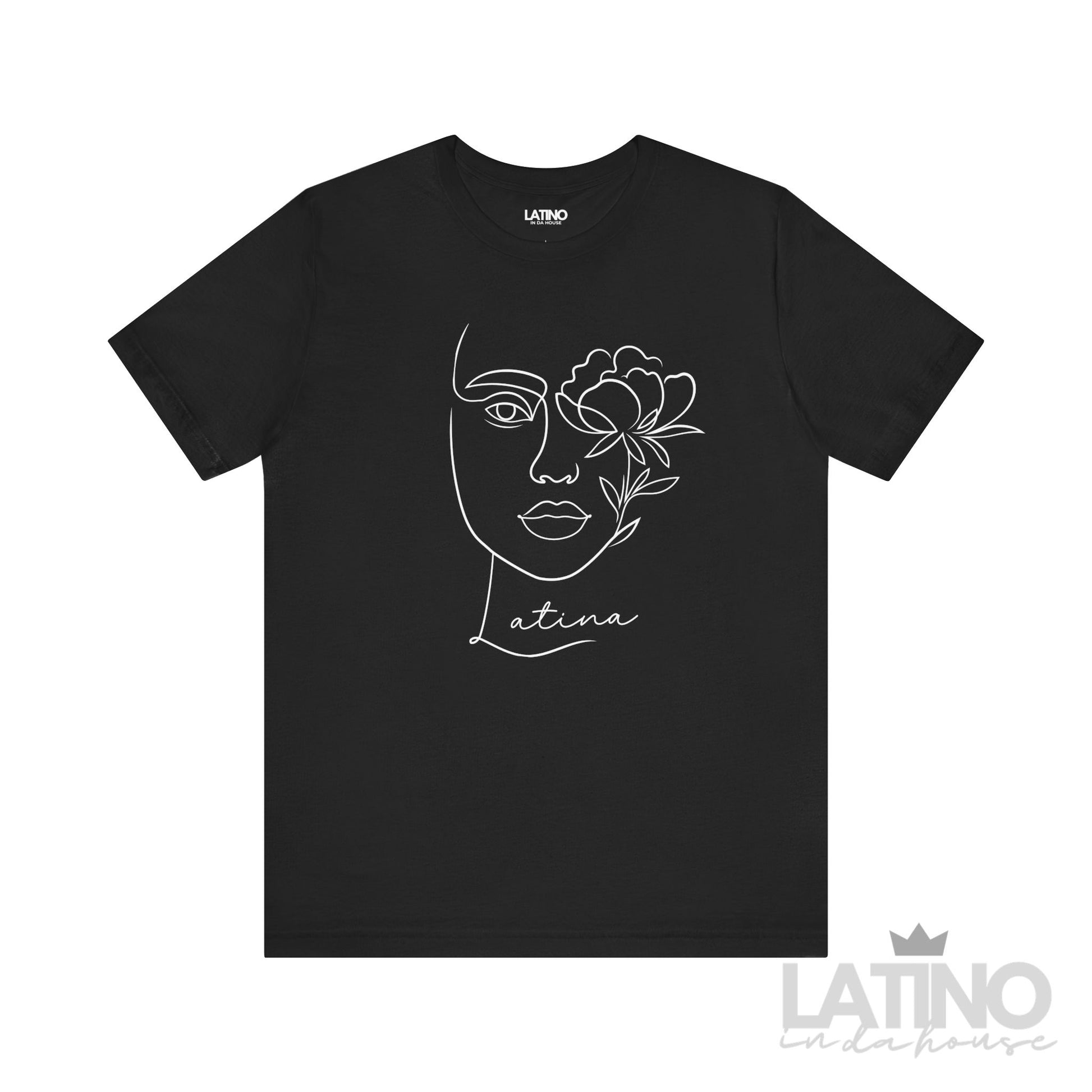 Latina Line Art T-Shirt in black with elegant face and flower minimalist design LatinoInDaHouse 