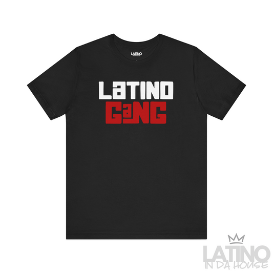 Latino Gang T-Shirt in black with bold white and red street-style lettering. Latino In Da House 