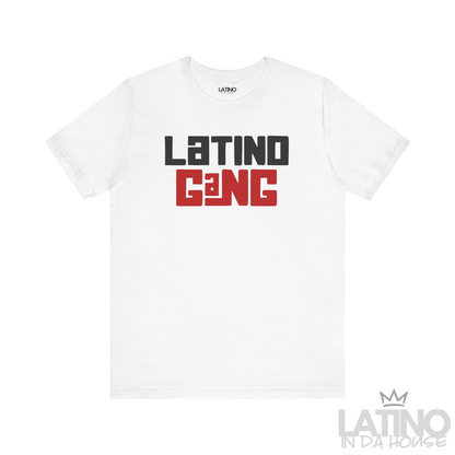 Latino Gang T-Shirt in white with bold black and red street-style lettering. Latino In Da House 