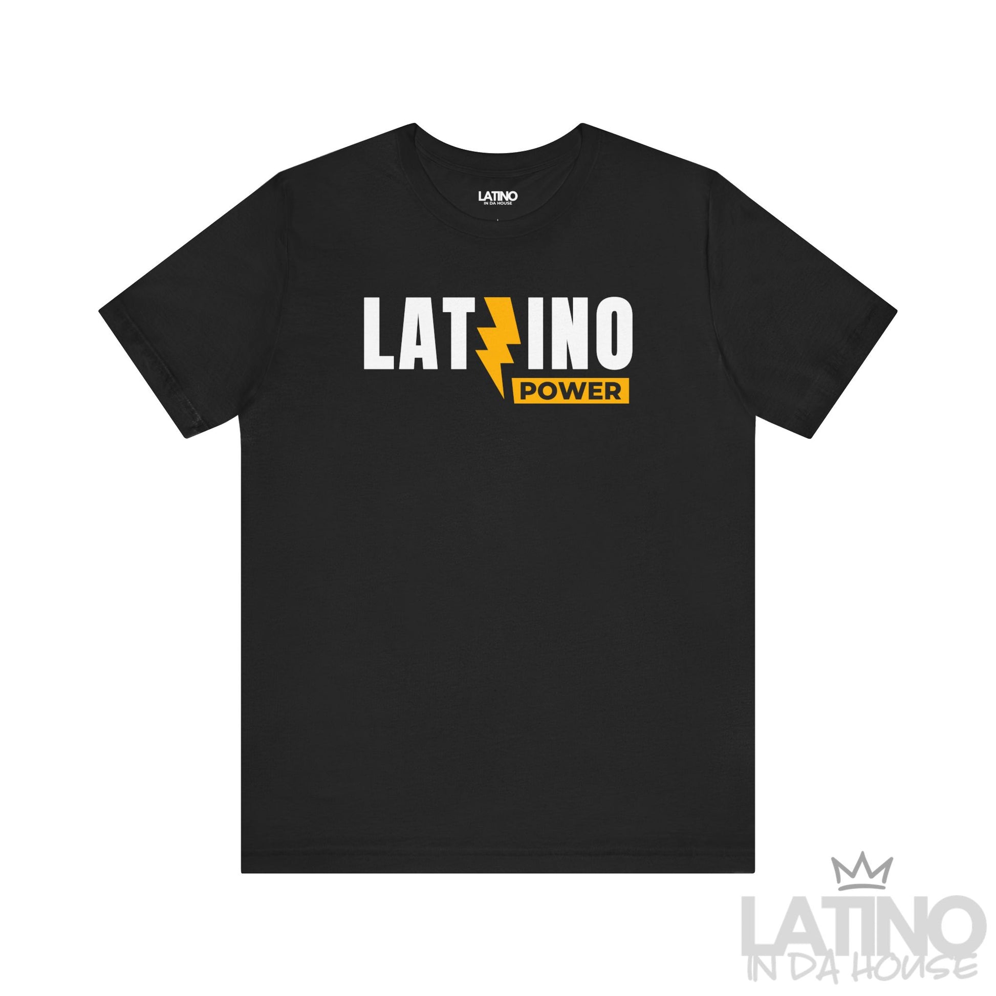 Latino Power black T-shirt with bold white and yellow lightning design, Latino pride streetwear. Latino In Da House