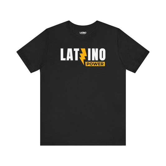 Latino Power black T-shirt with bold white and yellow lightning design, Latino pride
streetwear. Latino In Da House