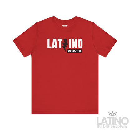 Red Latino Power T-shirt with white text and black lightning bolt, Latino pride lifestyle tee. Latino In Da House