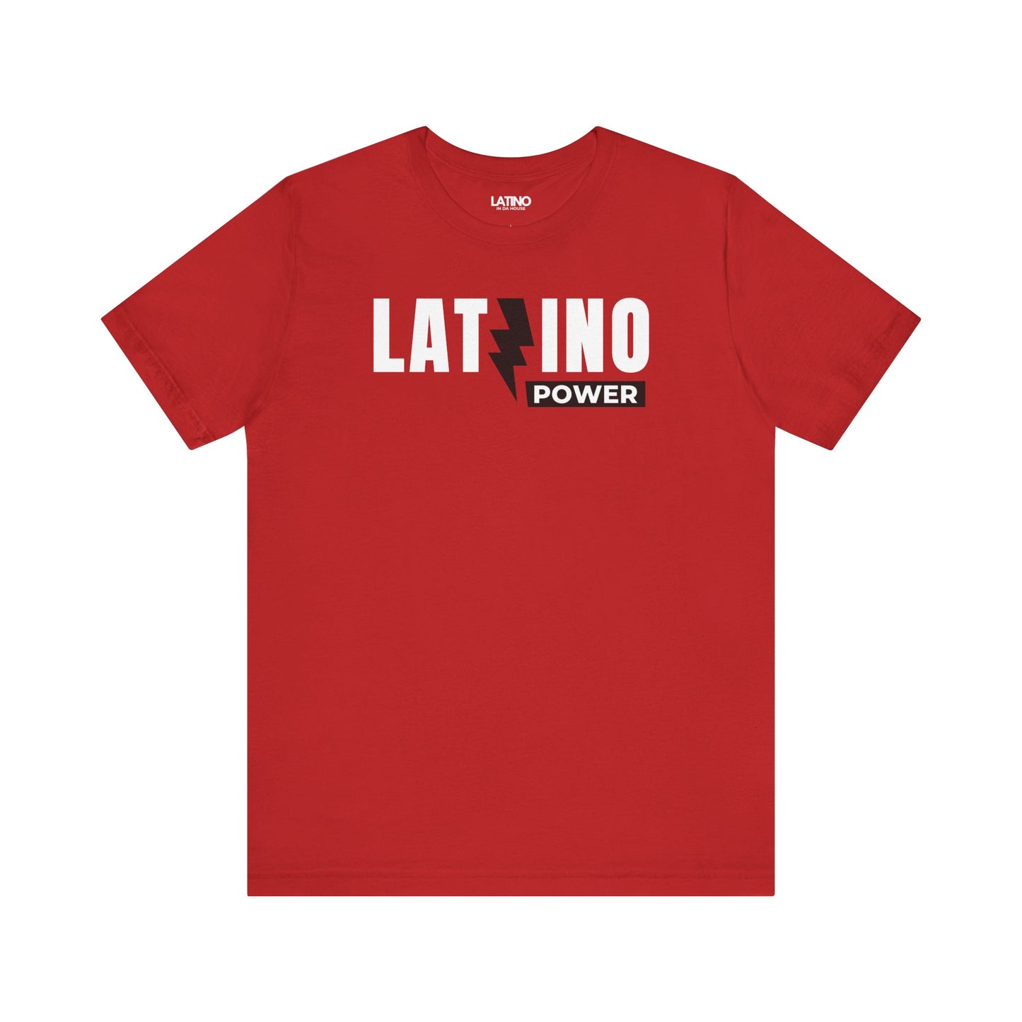 Latino Power red T-shirt with bold white and yellow lightning design, Latino pride streetwear. Latino In Da House