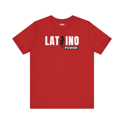 Latino Power red T-shirt with bold white and yellow lightning design, Latino pride streetwear. Latino In Da House