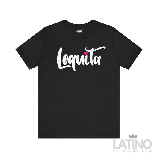 Loquita T-Shirt in black with playful script and pink heart detail – Latino In Da House