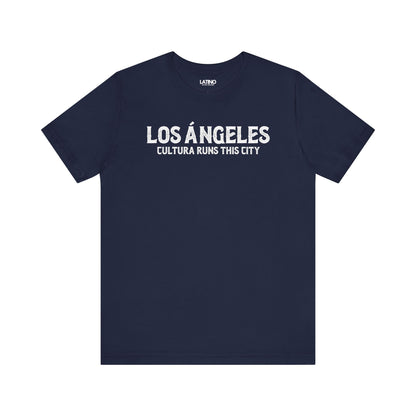 Los Ángeles Cultura Runs This City T-Shirt in navy blue with white print - Latino lifestyle streetwear tee. Latino In Da House