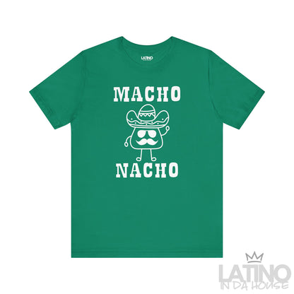 Macho Nacho T-Shirt in kelly green featuring cartoon nacho with sombrero and mustache — funny Latino humor tee. Latino In Da House