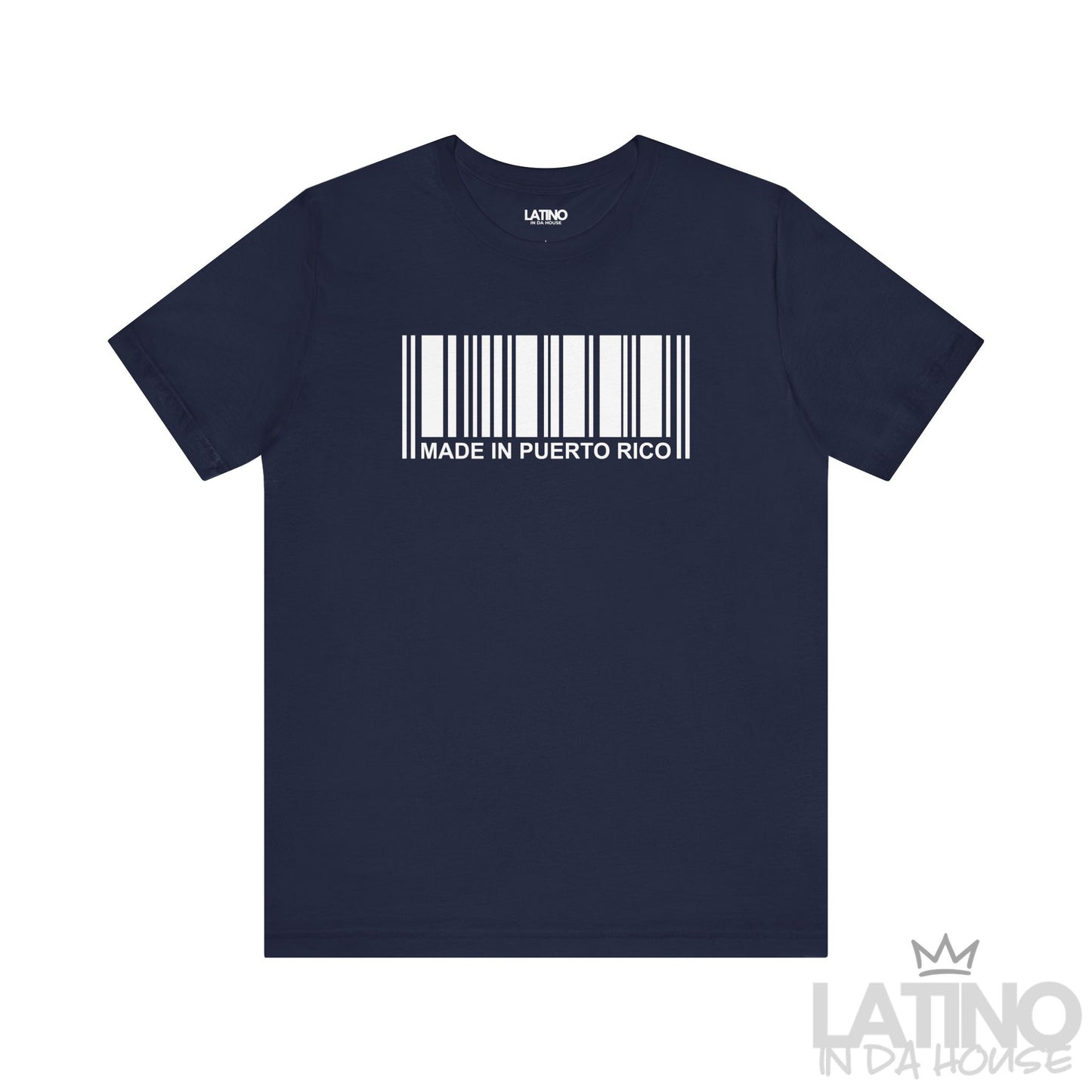 Navy T-shirt featuring white barcode design with ‘Made in Puerto Rico’ text by Latino In Da House.