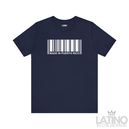 Navy T-shirt featuring white barcode design with ‘Made in Puerto Rico’ text by Latino In Da House.