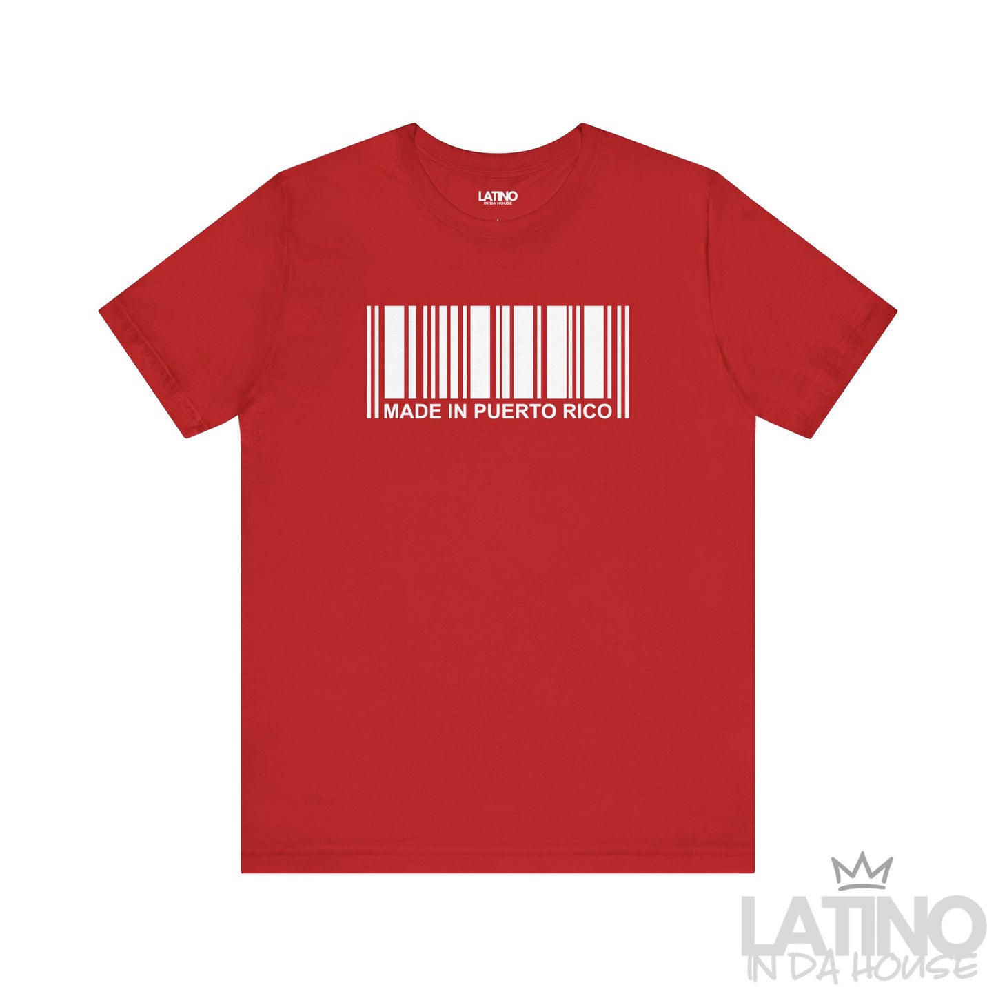 Red T-shirt with white barcode graphic and ‘Made in Puerto Rico’ text by Latino In Da House.