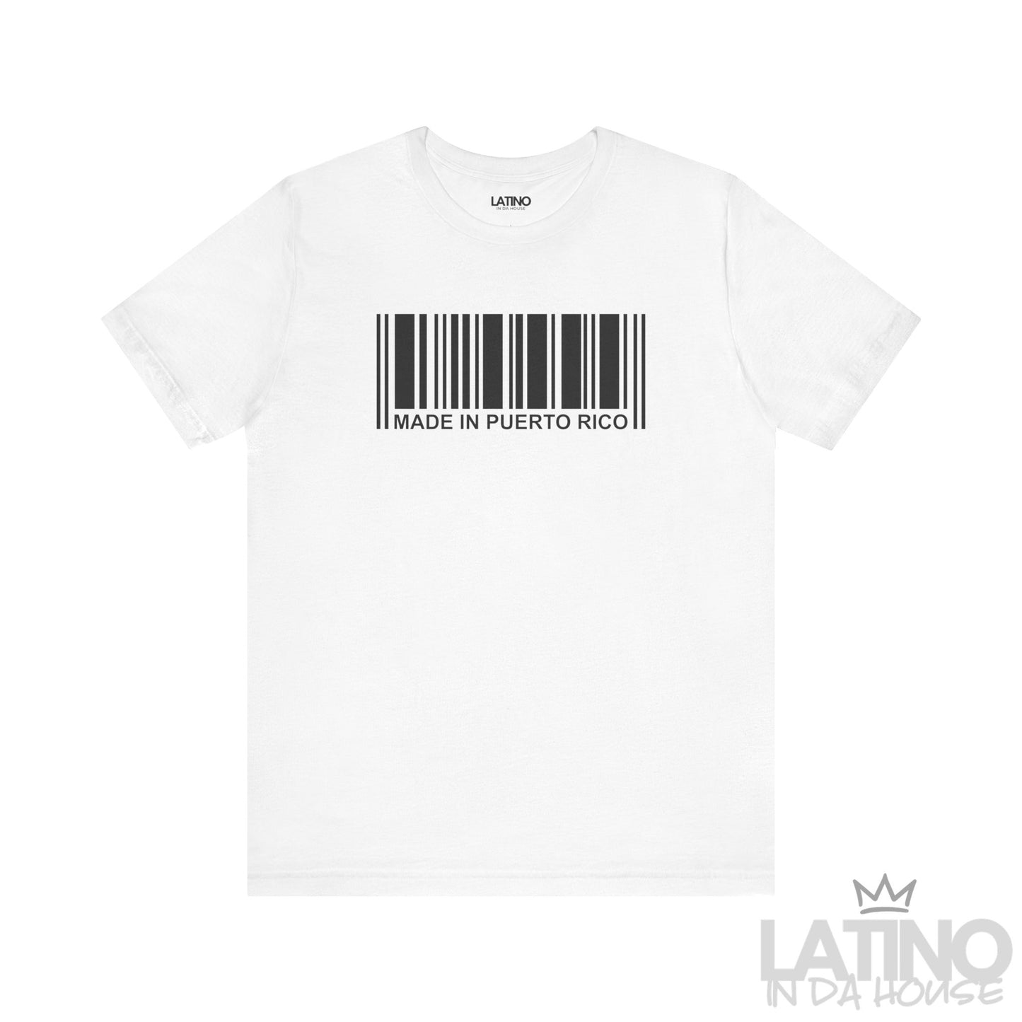 White T-shirt with black barcode graphic and ‘Made in Puerto Rico’ lettering by Latino In Da House.