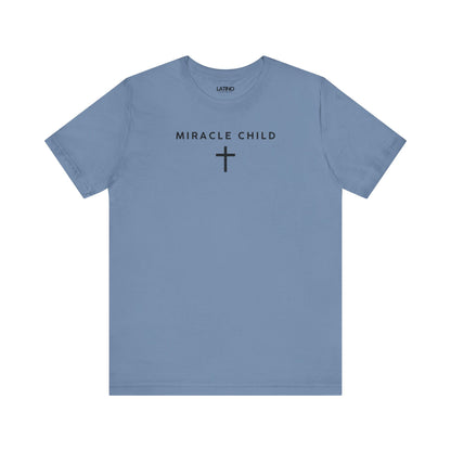 Miracle Child Cross Faith Minimal Steel Blue T-Shirt. Latino In Da House 