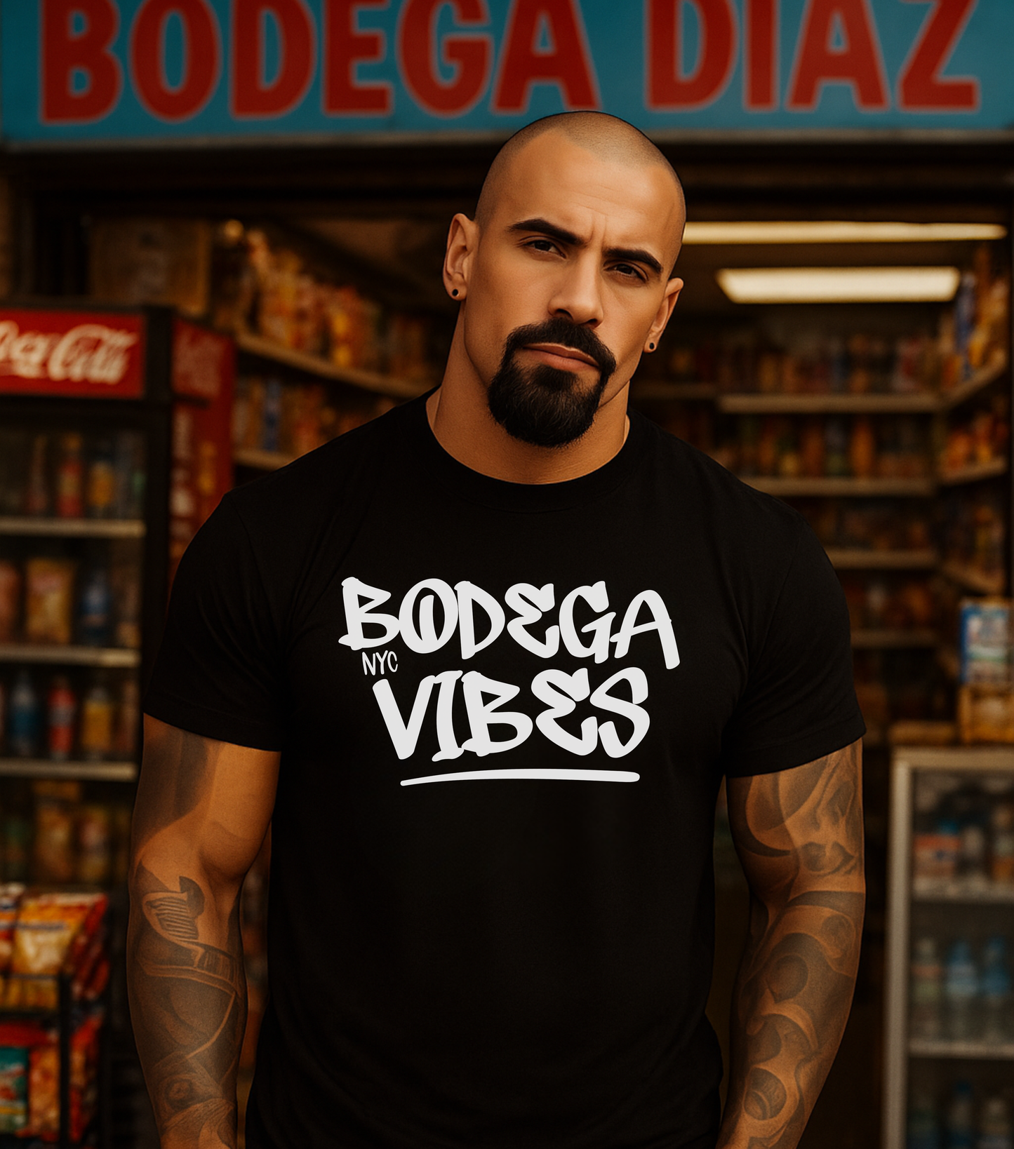Model Bodega Vibes T-Shirt in Black — NYC graffiti lettering, soft unisex streetwear tee. Latino In Da House
