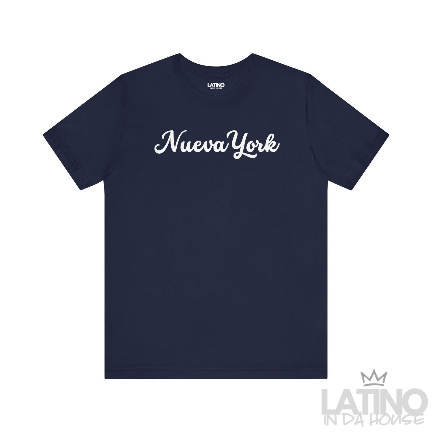 Nueva York navy blue T-shirt in elegant white script, Latino city pride style. Latino In Da House