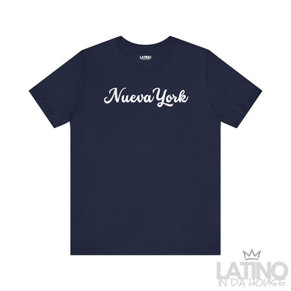 Nueva York navy blue T-shirt in elegant white script, Latino city pride style. Latino In Da House