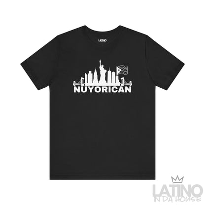 Black Nuyorican T-shirt with New York skyline and Puerto Rican flag graphic by Latino In Da House.