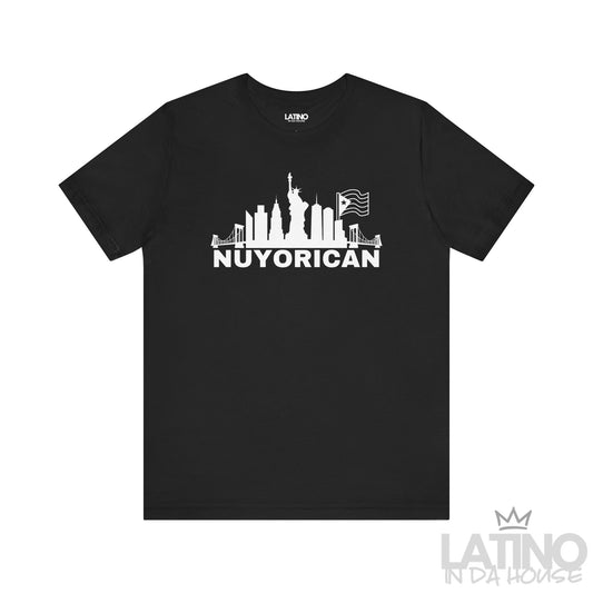 Black Nuyorican T-shirt with New York skyline and Puerto Rican flag graphic by Latino In Da House.