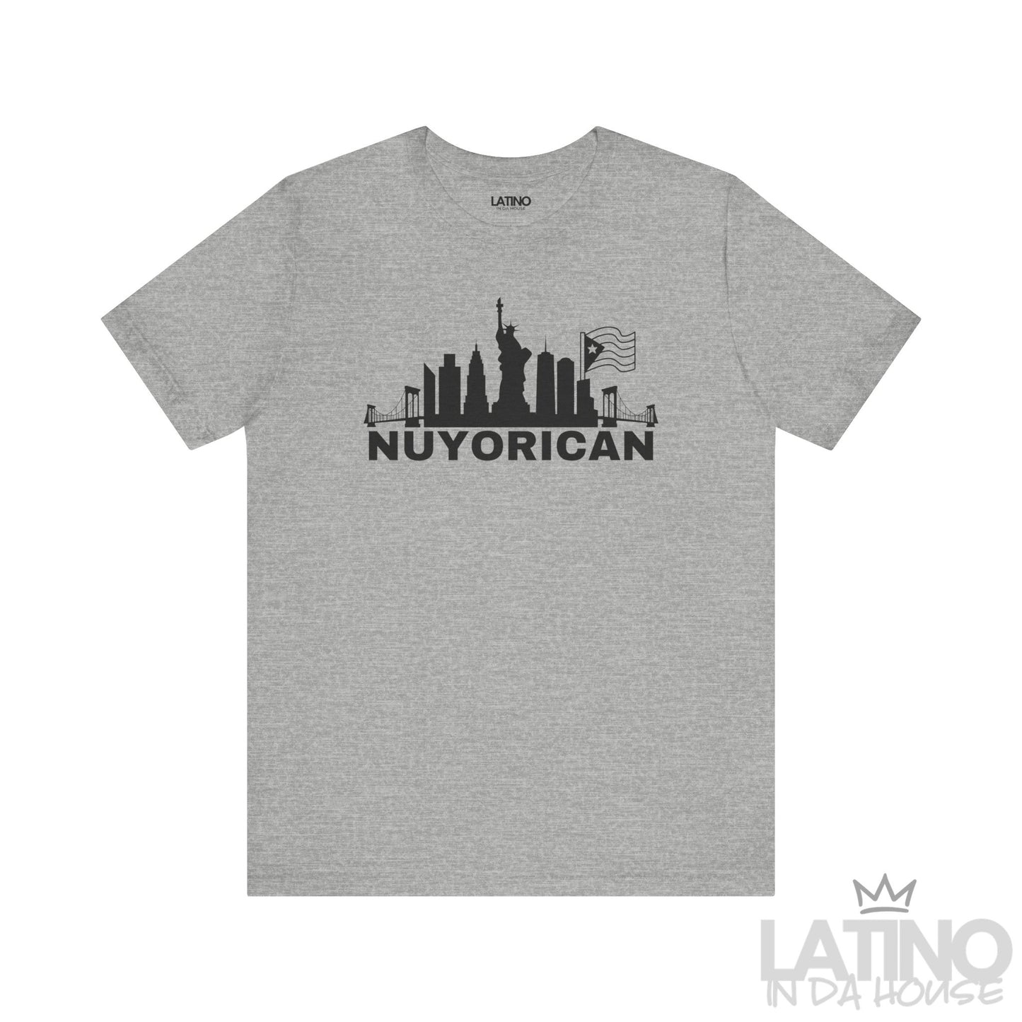 Heather grey Nuyorican T-shirt with NYC skyline silhouette and Puerto Rican flag by Latino In Da House.