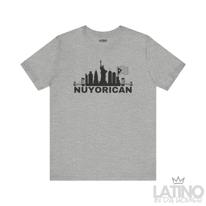 Heather grey Nuyorican T-shirt with NYC skyline silhouette and Puerto Rican flag by Latino In Da House.
