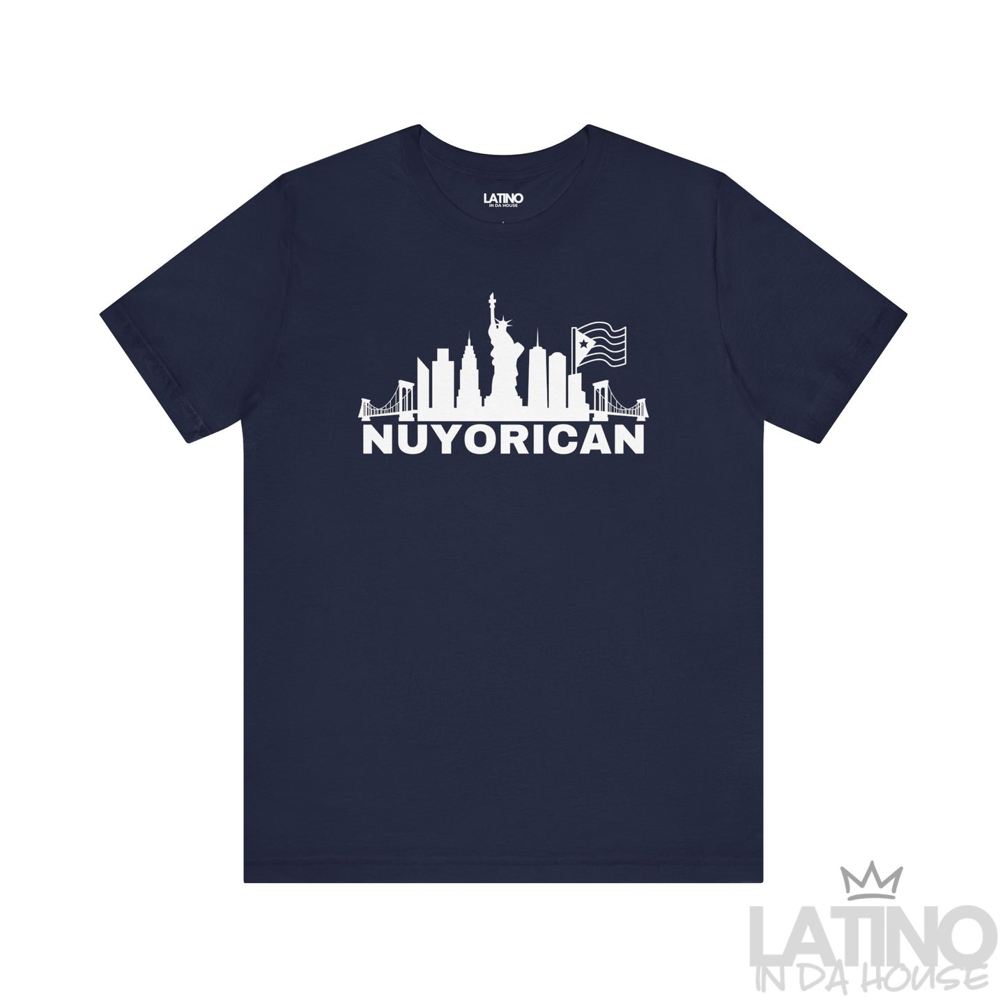 Navy Nuyorican T-shirt featuring NYC skyline and Puerto Rican flag by Latino In Da House.