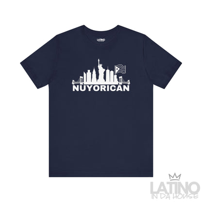 Navy Nuyorican T-shirt featuring NYC skyline and Puerto Rican flag by Latino In Da House.