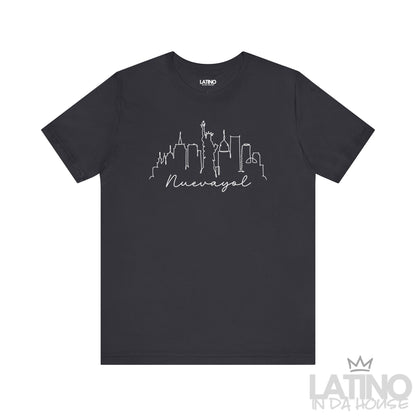 Nuevayol Liberty T-Shirt in Dark Grey — white one-line NYC skyline with script text. Latino In Da House 