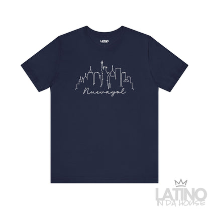 Nuevayol Liberty T-Shirt in Navy Blue — white one-line NYC skyline with script text. Latino In Da House 