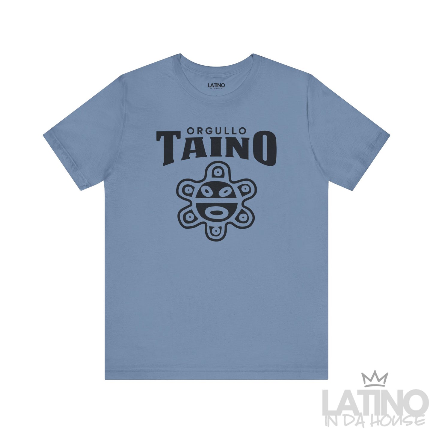 Orgullo Taíno Classic T-Shirt in Steel Blue — black Taíno symbol and text. Latino In Da House 