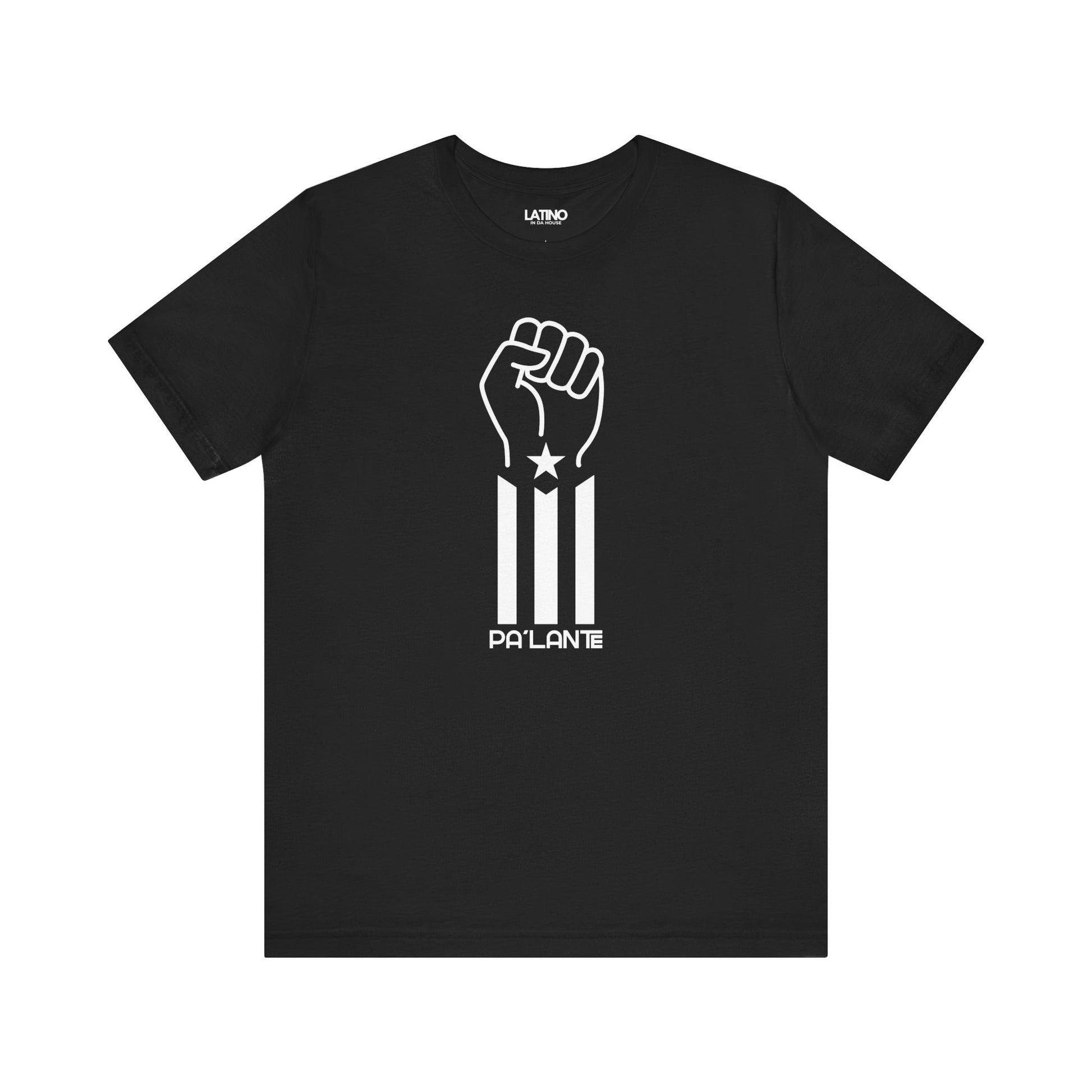Pa'lante T-Shirt in Black - raised fist with
Puerto Rican flag stripes. Latino In Da
House