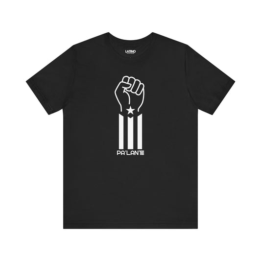 Pa'lante T-Shirt in Black - raised fist with
Puerto Rican flag stripes. Latino In Da
House